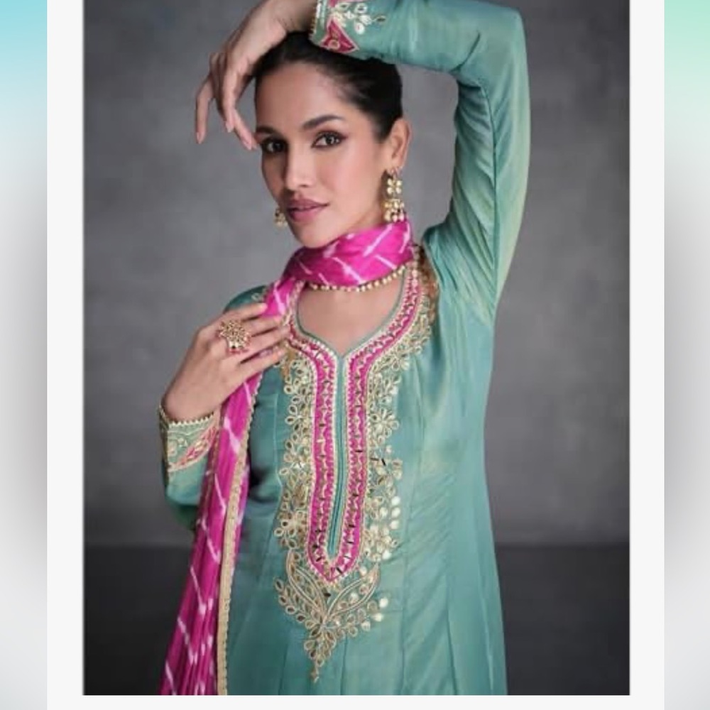 House of Indya Pista green Elegant Pink Embroidered Suit salwar kameez XL 44 - Picture 3 of 7